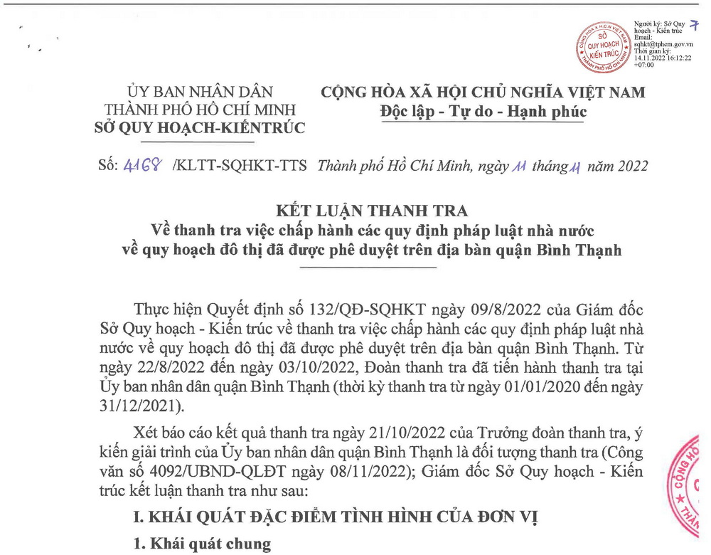 KẾT LUẬN THANH TRA ; Về thanh tra việc chấp hành các quy định pháp luật nhà nước về quy hoạch đô thị đã được phê duyệt trên địa bàn quận Bình Thạnh