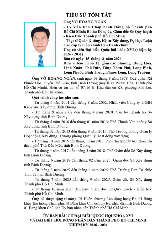 Ông Võ Hoàng Ngân ứng cử Đại biểu Quốc hội Khóa XVI tại Đơn vị bầu cử số 11 TP. Hồ Chí Minh, gồm các Phường: Đông Hòa, Linh Xuân, Thủ Đức, Tăng Nhơn Phú, Long Bình, Long Phước, Bìn