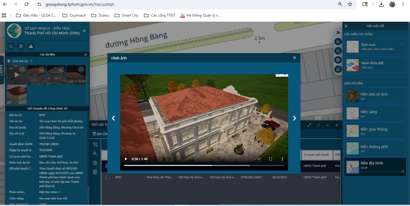 Cách xem thông tin công trình và clip mô phỏng 3D trên bản đồ Cổng công bố dữ liệu quy hoạch